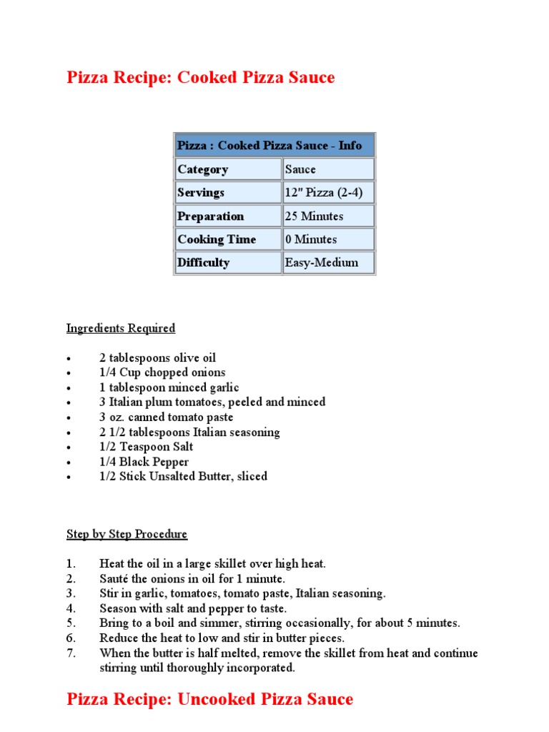 Pizza Recipe: Cooked Pizza Sauce | PDF | Coleslaw | Tomato Sauce