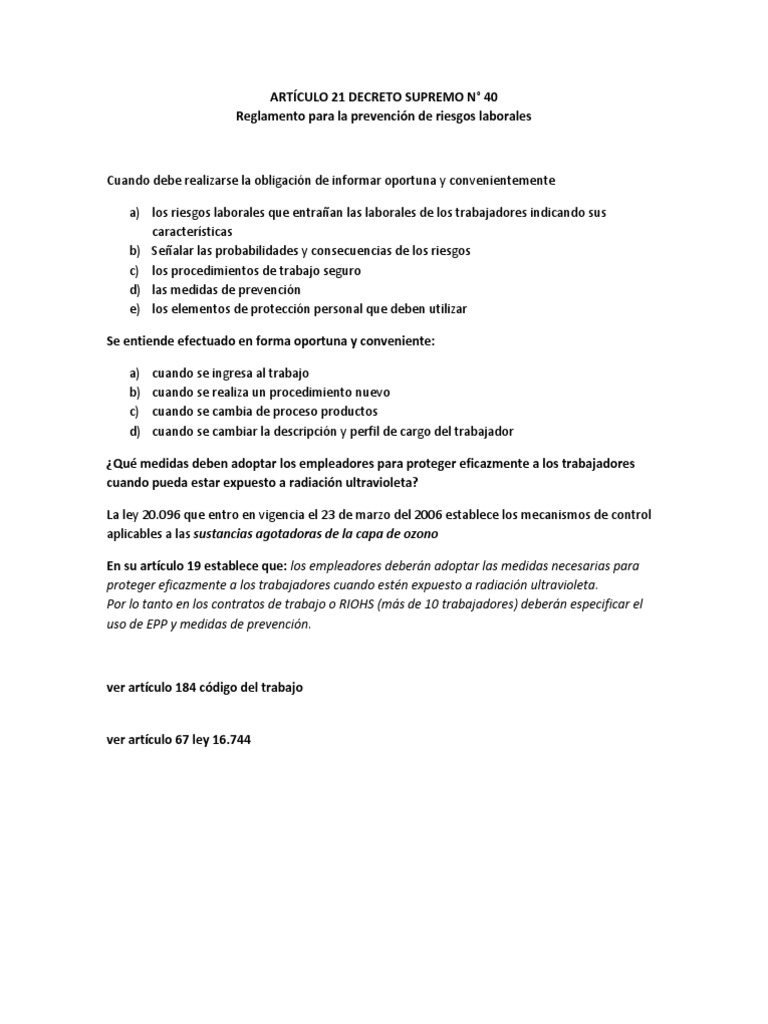 Artículo 21 del Decreto Supremo 40 | PDF | Protector solar | Derecho ...