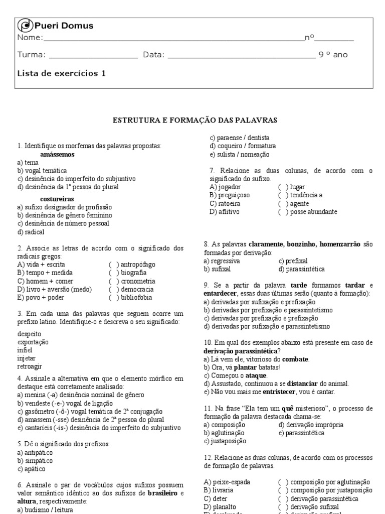Exercícios sobre Morfologia e Formação de Palavras | PDF | Palavra ...