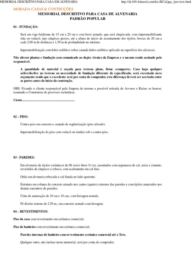 Memorial Descritivo Casa Popular | PDF | Argamassa (alvenaria ...