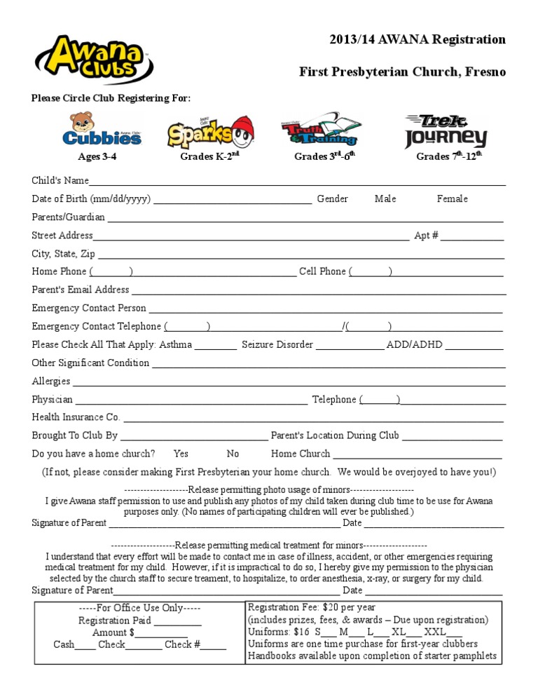 2013-14 Awana Registration Form | PDF