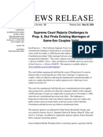 News Release: Supreme Court Rejects Challenges To Prop. 8, But Finds Existing Marriages of Same-Sex Couples Valid