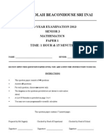 Beaconhouse Sri Inai Mid Year Exam 2013 S3 Math Paper 1