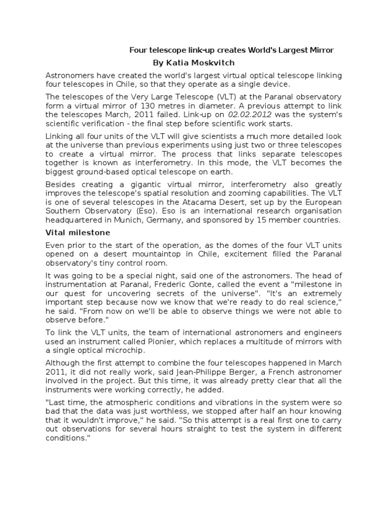 Four Telescope Link Up Creates Worlds Largest Mirror PDF Natural