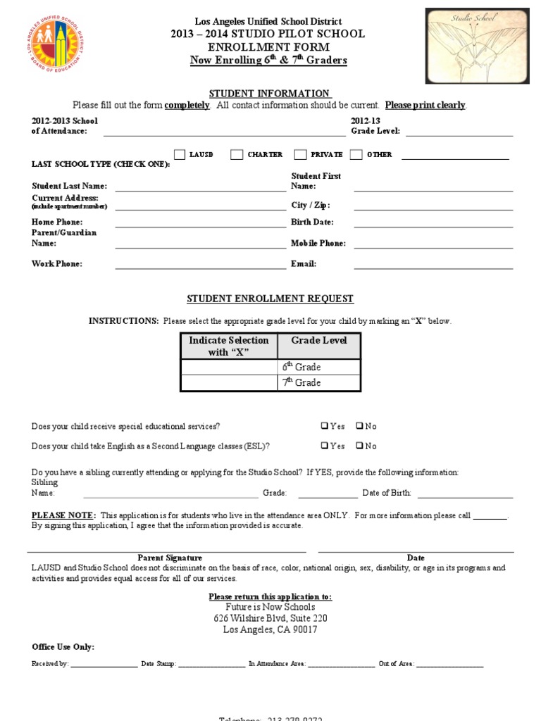 LAUSD Studio School Enrollment Form | PDF | Career & Growth | Wellness