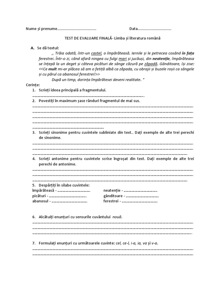 test evaluare finala-romana,clasa a IV-a