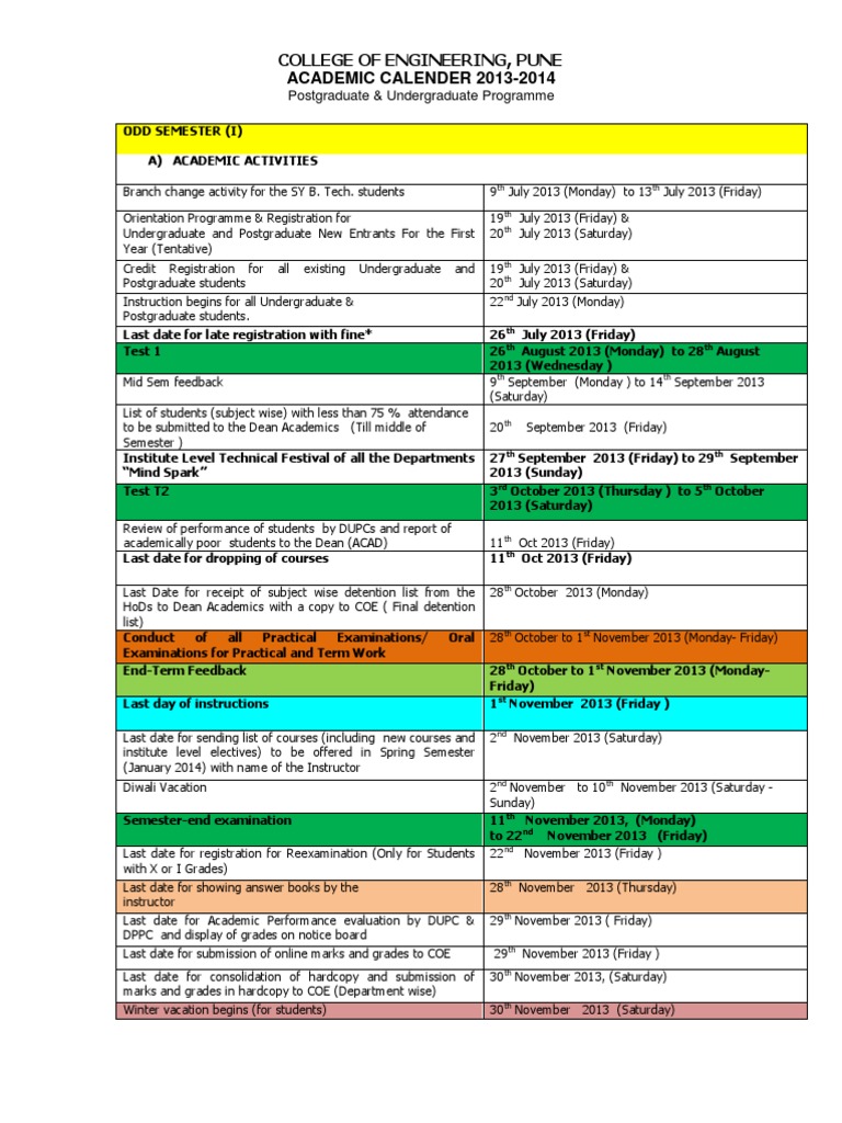 Coep Academic Calender 201314 PDF Academic Term Postgraduate