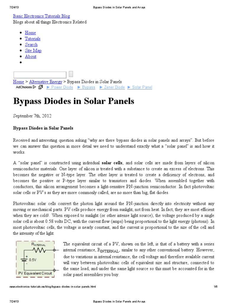 Bypass Diodes in Solar Panels and Arrays Photovoltaics Solar Cell