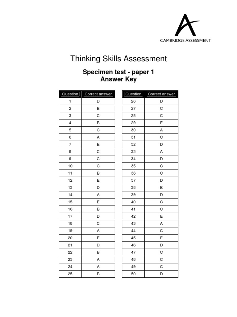 Specimen Section 1 Answer Key | PDF