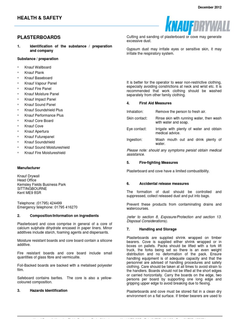 MSDS Plasterboards PDF Drywall Materials