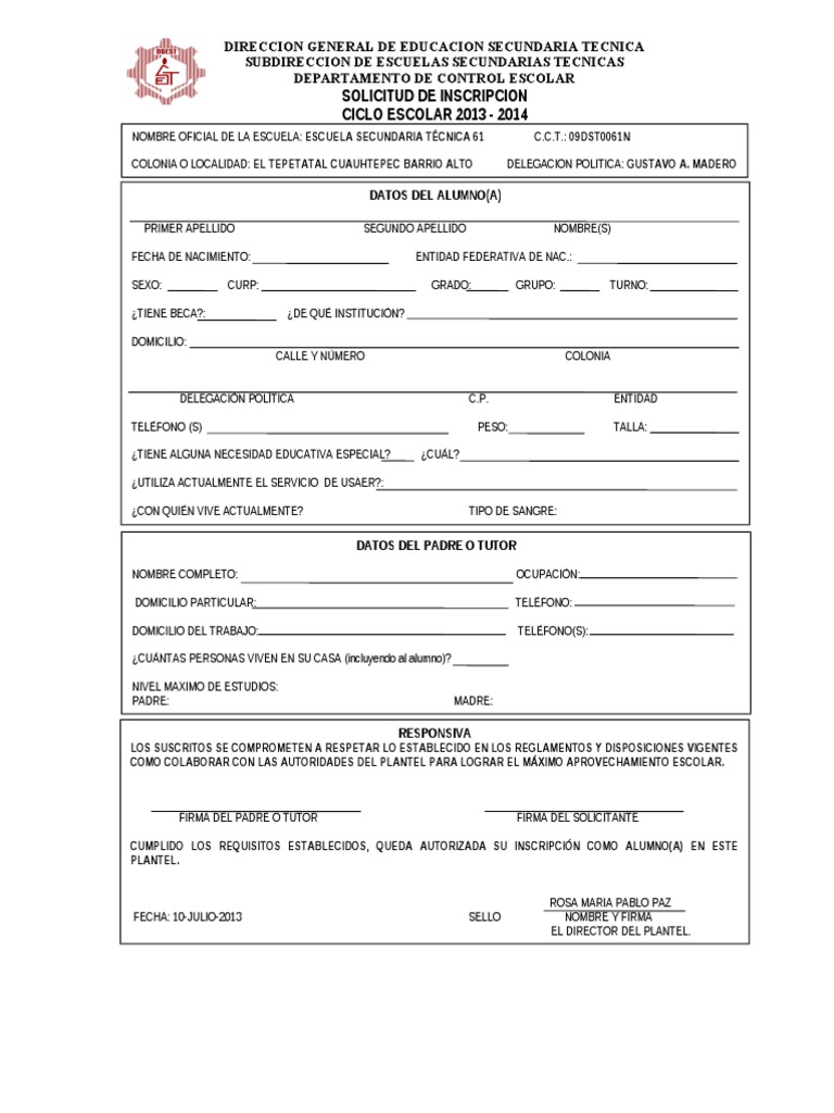 Solicitud+de+Inscripcion+Secundaria 20132014 Sin Llenar