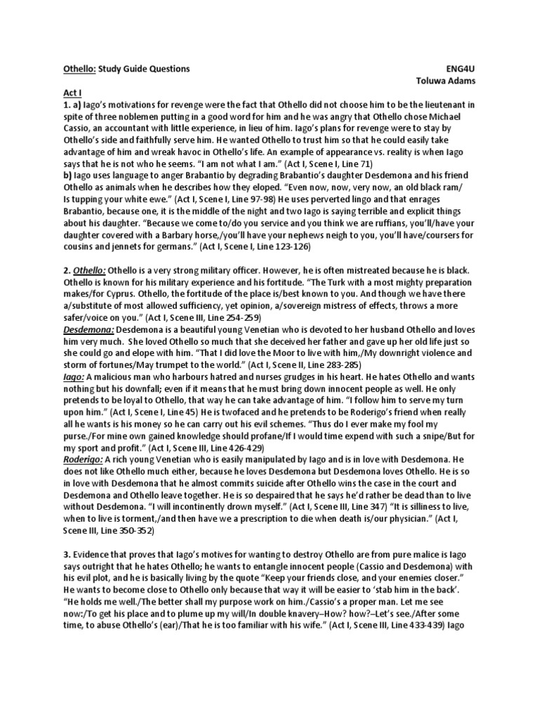 Othello Study Guide Questions Pdf Iago Desdemona