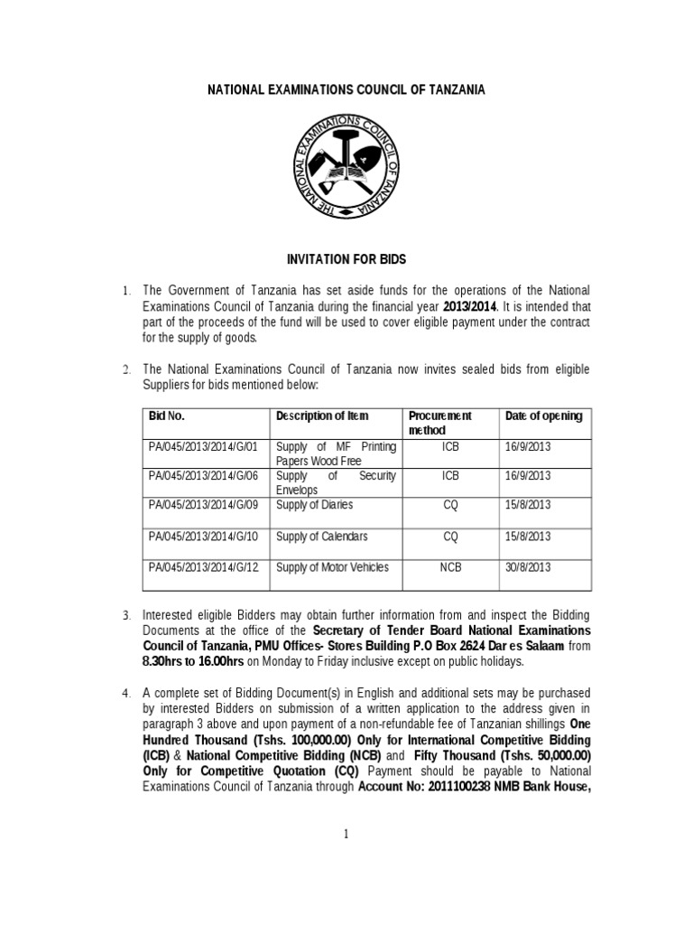 Advetisement of Tenders August 2013 Tanzania Procurement