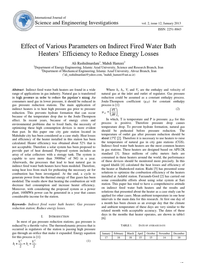 Effect of Various Parameters On Indirect Fired Water Bath Heaters' Efficiency To Reduce Energy