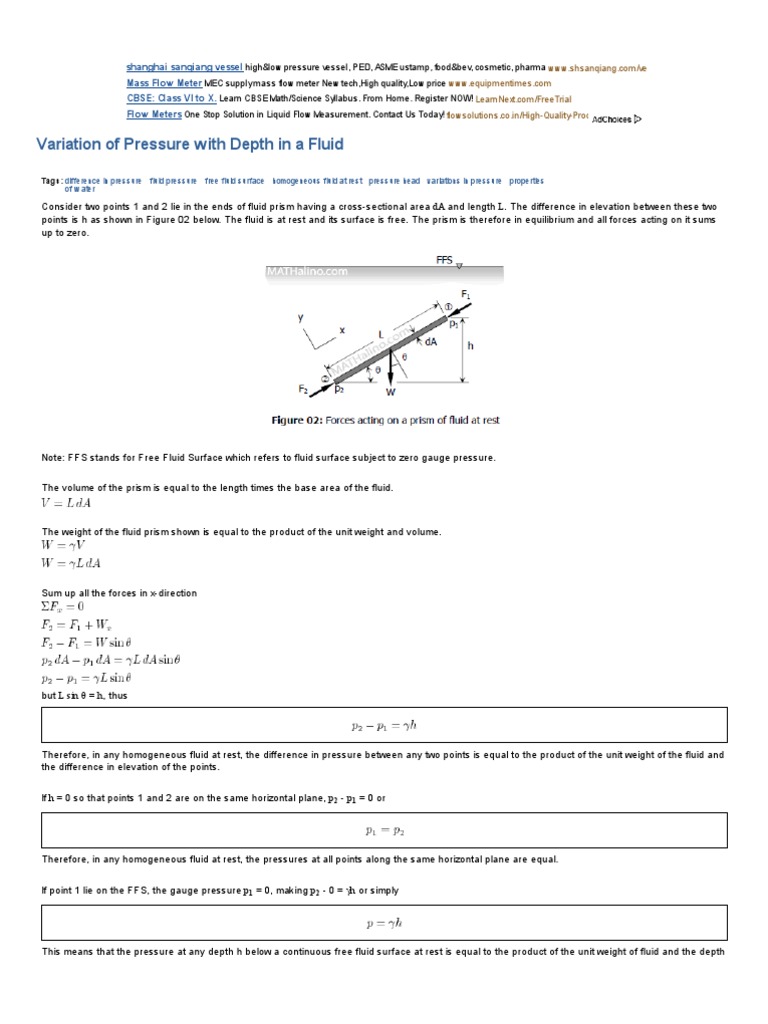 Pressure Variation with Depth Explained | PDF | Pressure | Fluid Mechanics