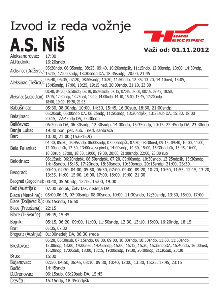 afbryde distrikt Reservere NIS Ekspres - Red Voznje Polasci Iz Nisa | PDF