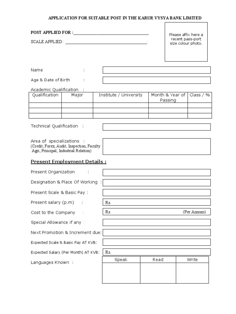 Application For Suitable Post in The Karur Vysya Bank Limited | PDF ...