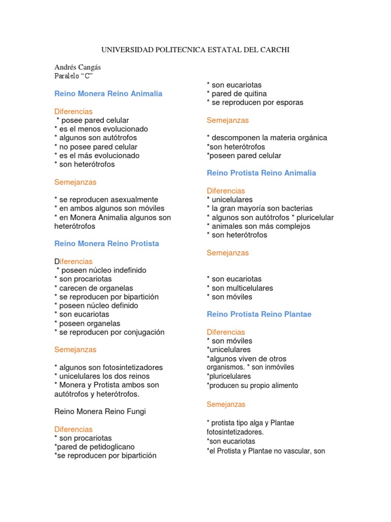 Diferencias Entre Los 5 Reinos | PDF | Eucariotas | Plantas