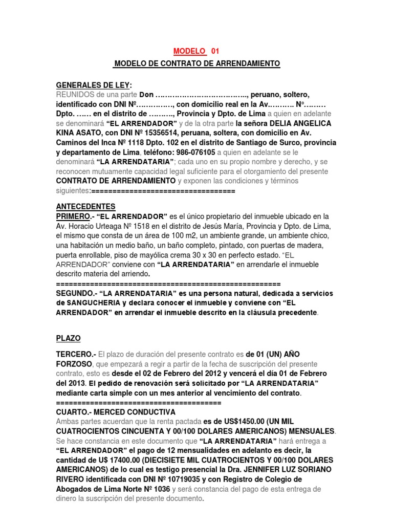 Modelos De Contrato De Arrendamiento Alquiler Pagos