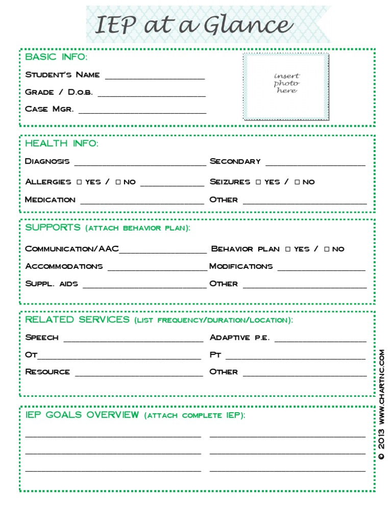 Free Printable Editable Iep At A Glance Template