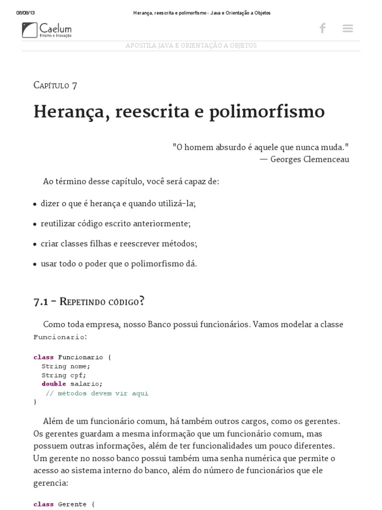 Herança e Polimorfismo em Java | PDF | Classe (programação de ...