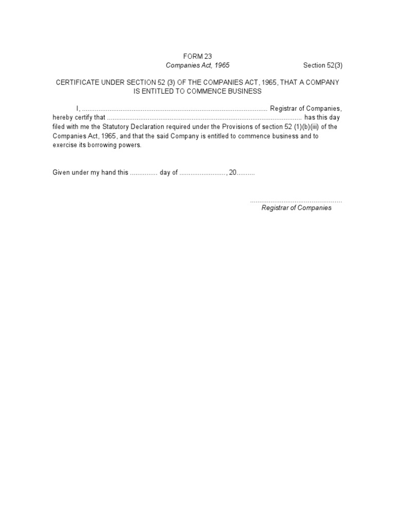Certificate to Commence Business Form 23 | PDF | Finance & Money Management