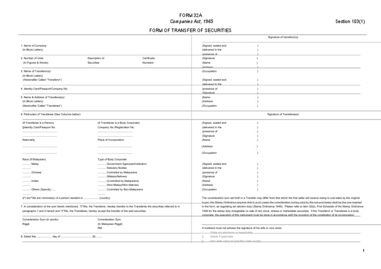 Form 32A Form of Transfer of Securities Signature Securities (Finance)
