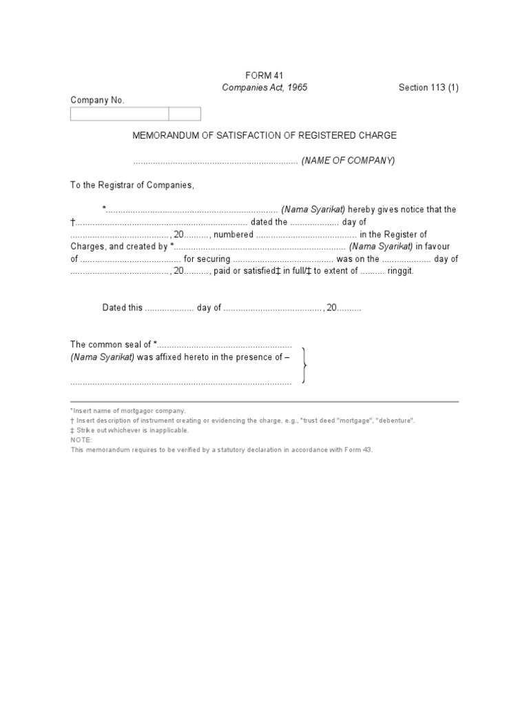Form 41 Memorandum Of Satisfaction Of Registered Charge Pdf