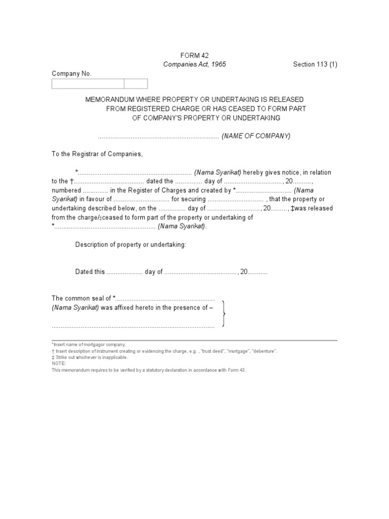 Form 42 Memorandum Where Property or Undertaking Is Released From ...