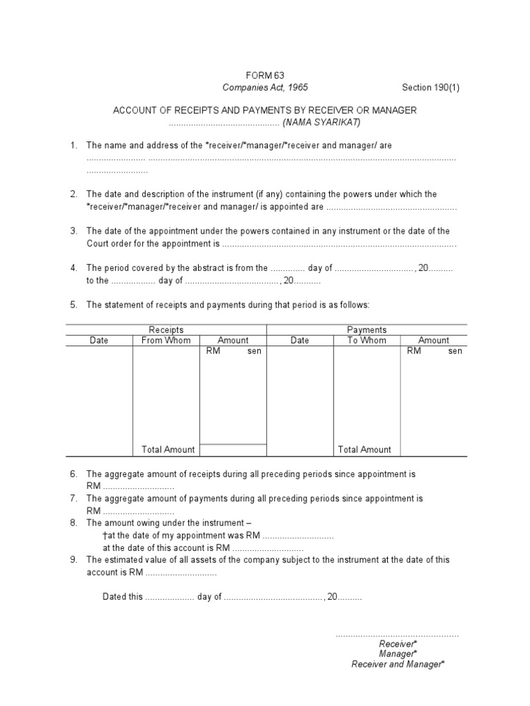 Form 63 Account of Receipts and Payments by Receiver or Manager