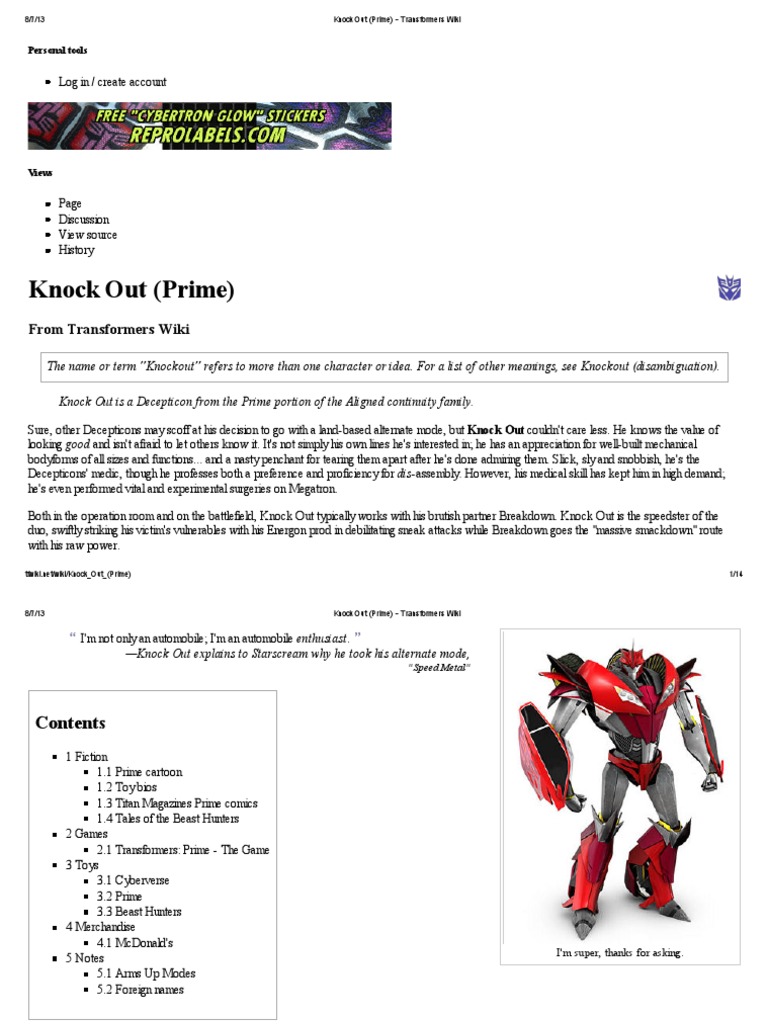 Knock Out, Transformers Universe Wiki