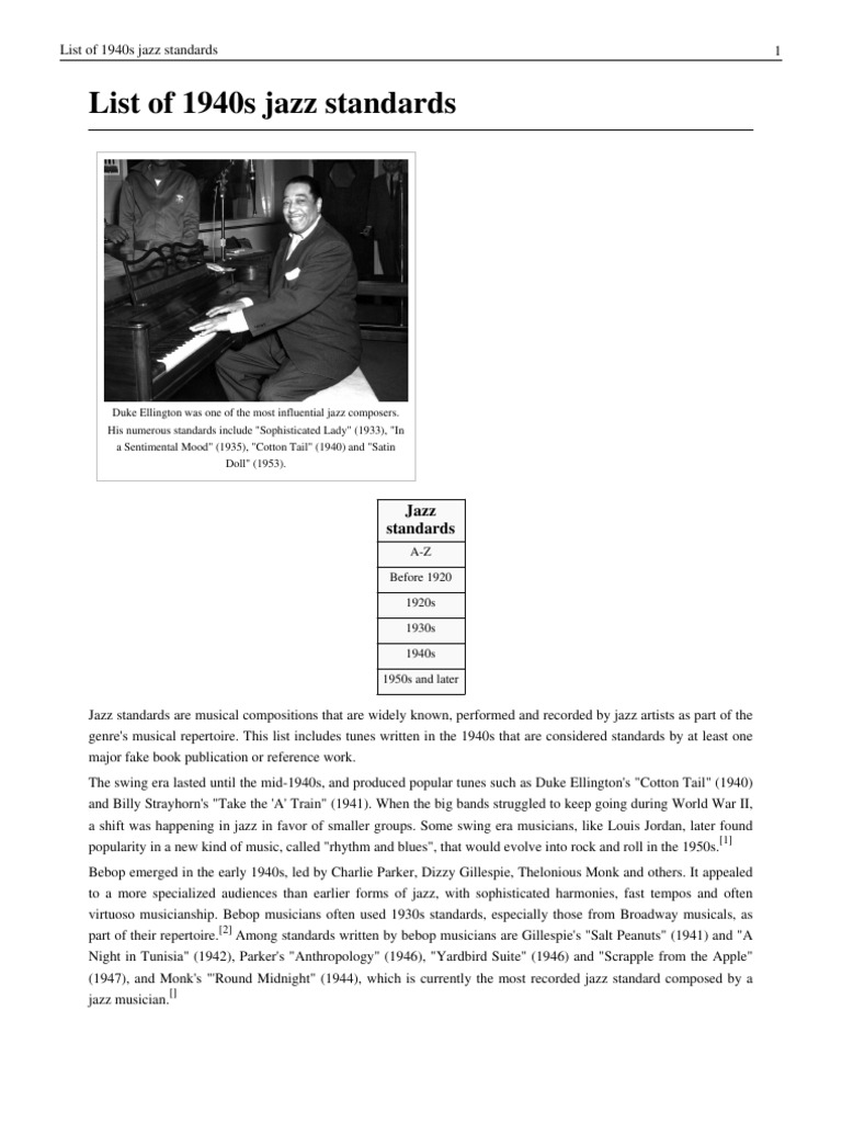 List of 1940s jazz standards musical forms jazz