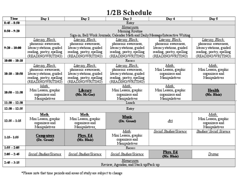1/2B Weekly Class Schedule | PDF | Foreign Language Studies