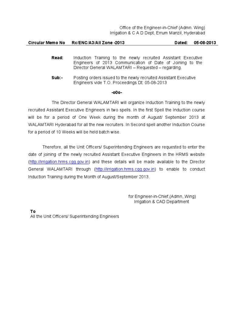 Circular - Regarding Training and Date of Joining | PDF