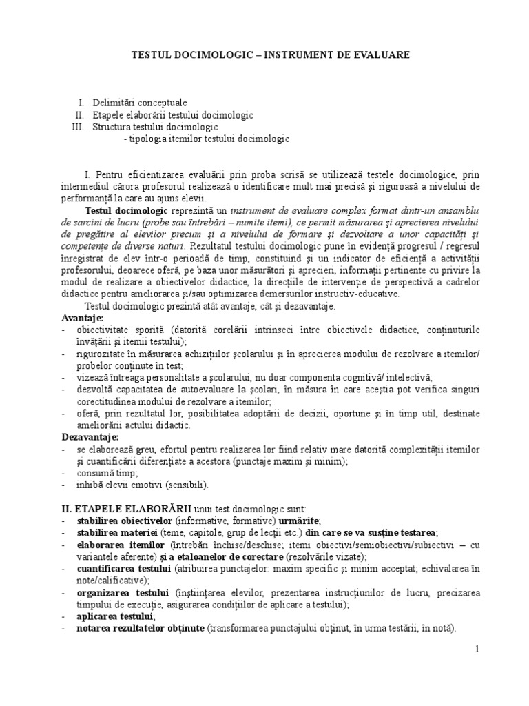 Testul Docimologic - Instrument de Evaluare | PDF