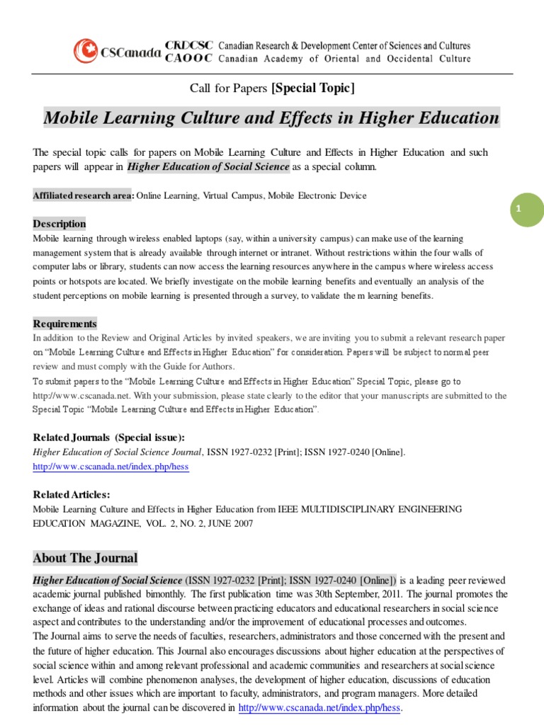 Mobile Learning in Higher Education Papers | PDF | Social Science ...