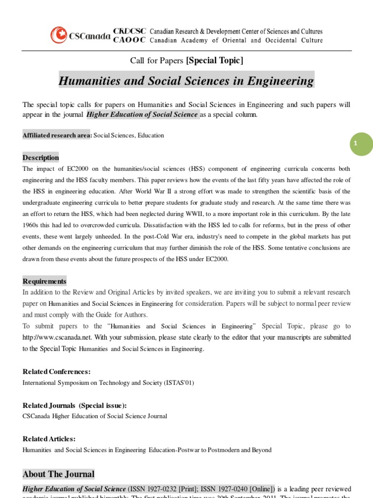 Hess Special Topic Humanities And Social Sciences In Engineering Curriculum Science