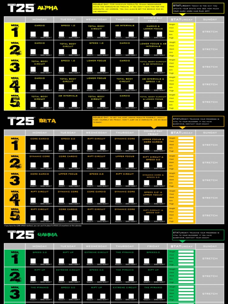 30 Minute T25 Workout Calendar Alpha Beta Gamma for Beginner