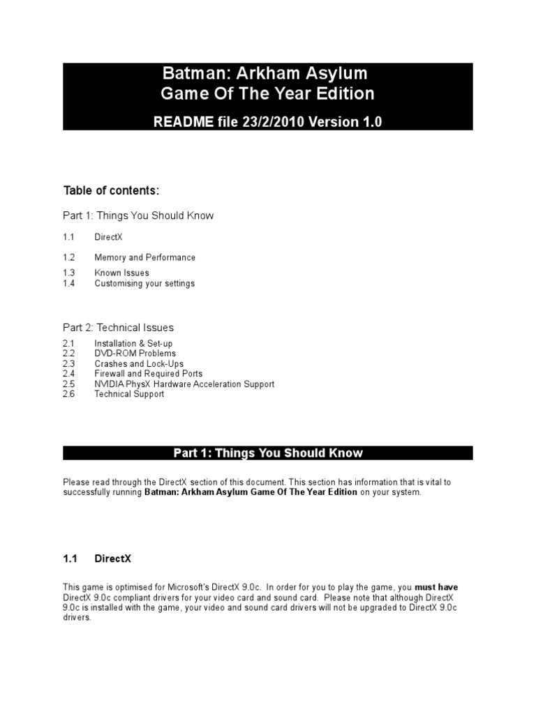 Batman: Arkham Asylum Game of The Year Edition: README File 23/2/2010 ...