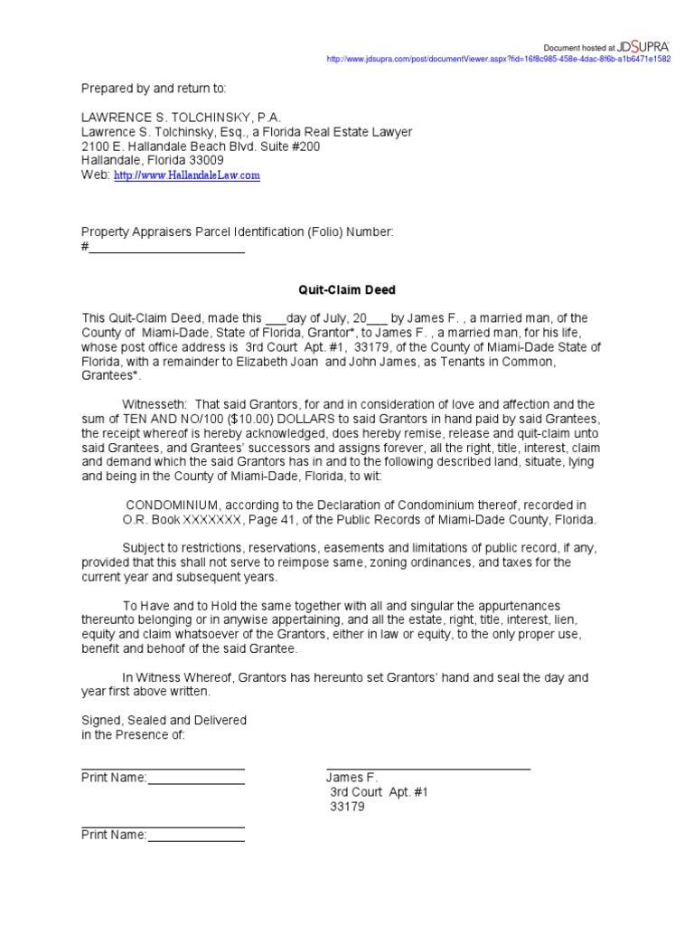 Sample QCD With Life Estate Deed Urban