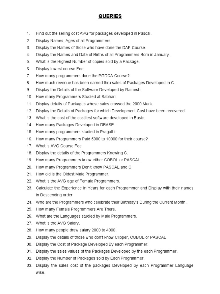 Queries | PDF | Programmer | Software Development