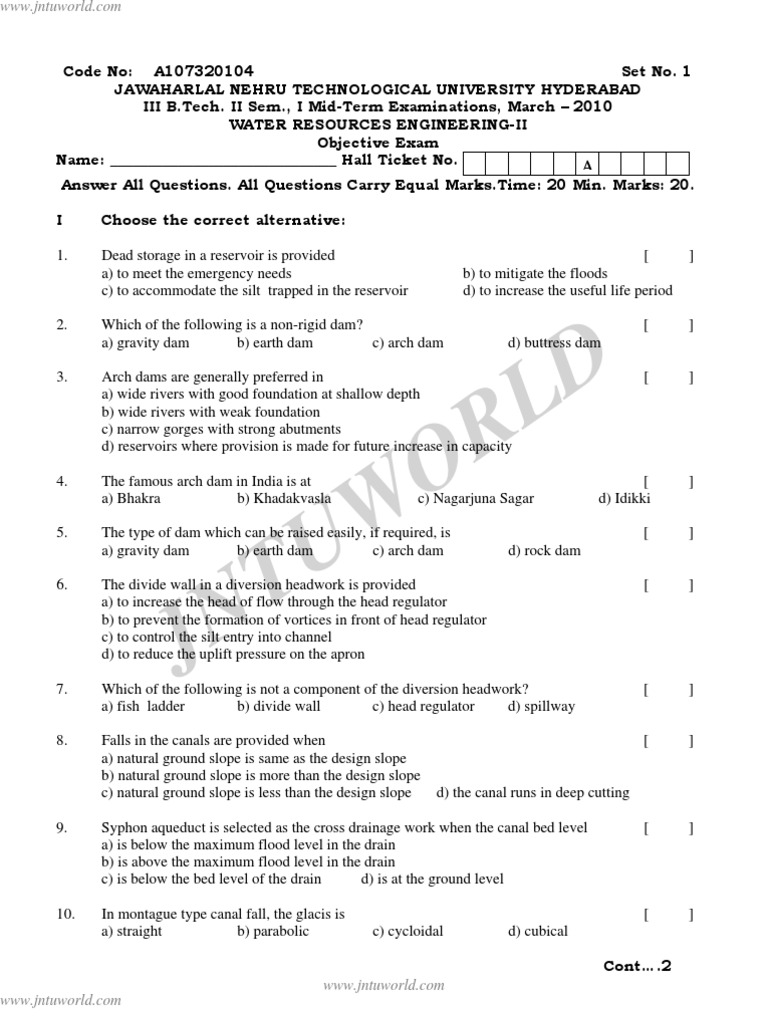 Water Resources EngineeringII MidTerm Examination PDF Dam Reservoir