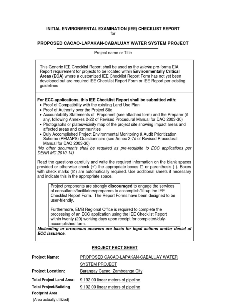 Cacao-Lapakan IEE Checklist | PDF | Environmental Monitoring | Water ...