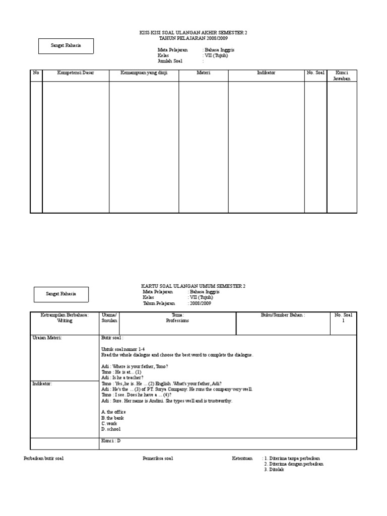 Kartu Soal Bahasa Inggris Smp Kelas 9 Kurikulum 2013