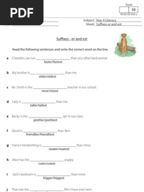 Suffixes Er And Est Grammar Worksheet For Primary Elementary Children Semiotics Linguistics