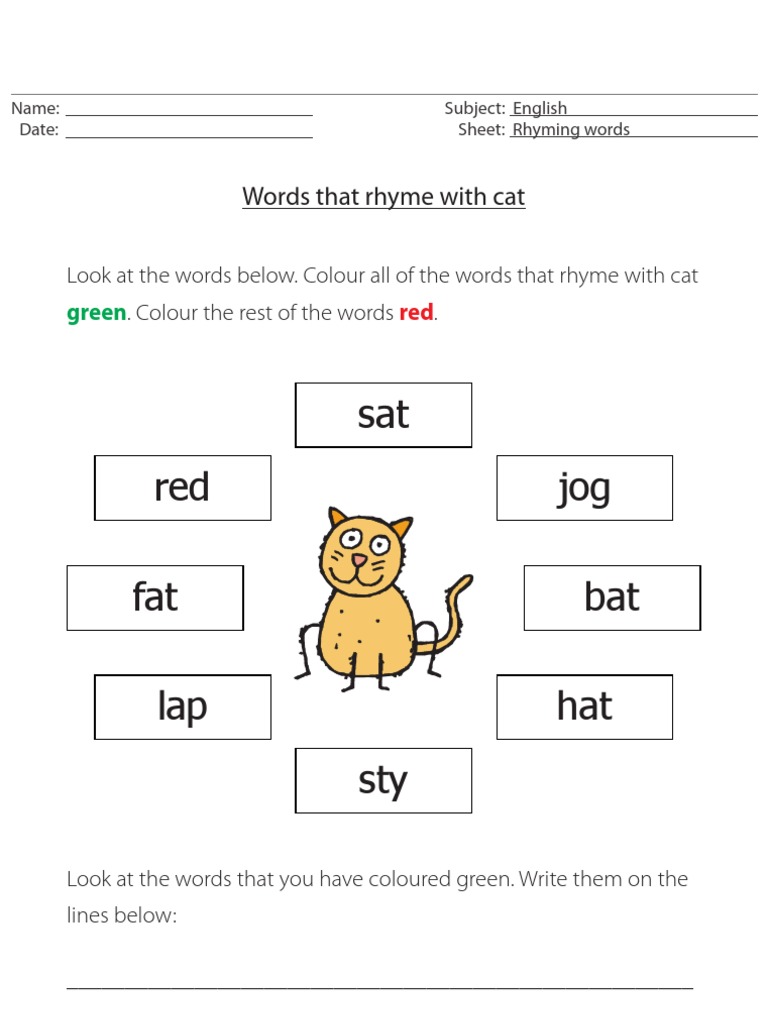 Words That Rhyme With Cat - English resource for primary/elementary