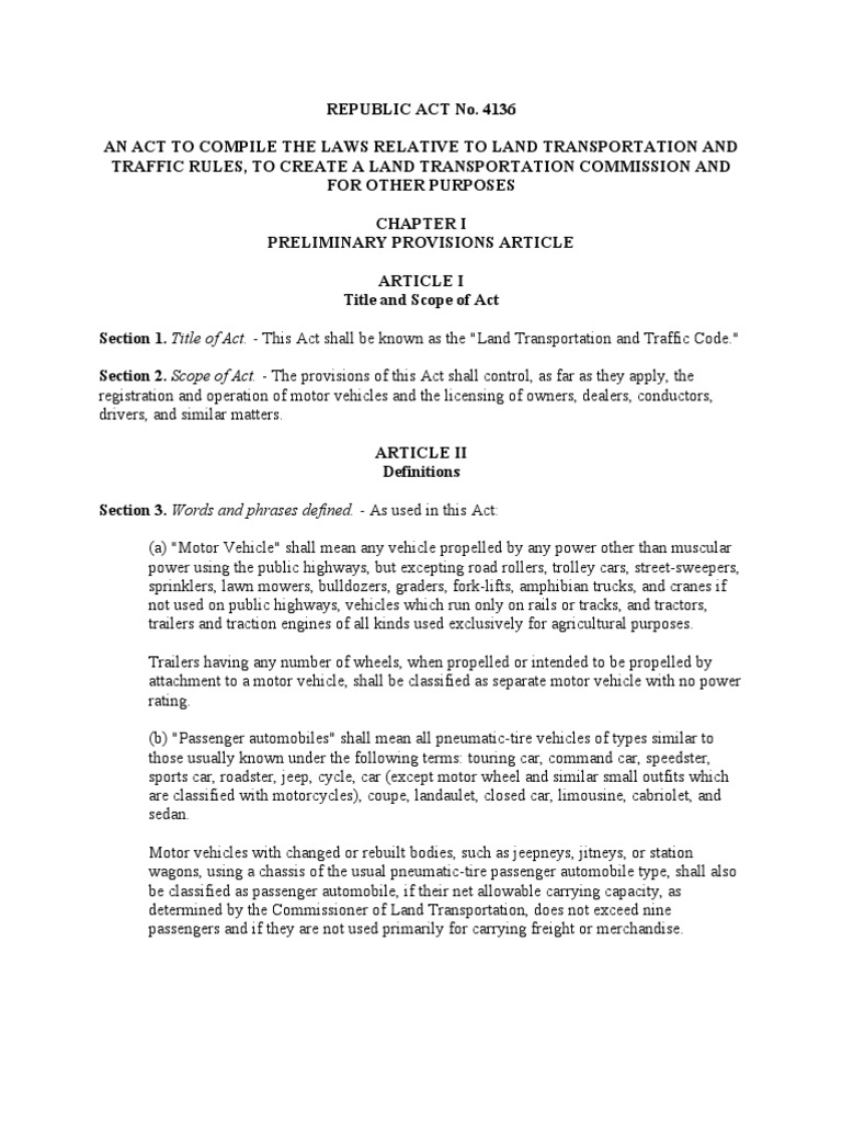 RA 4136 Land Transportation and Traffic Code | PDF | Vehicle ...