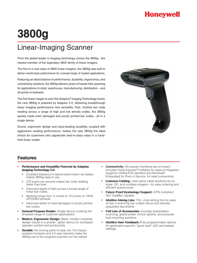 Honeywell 3800G Scanner Barcode Image Scanner