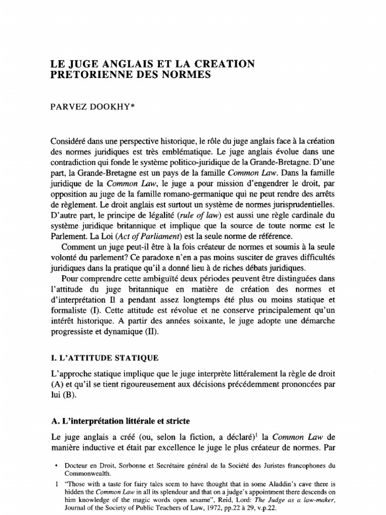 Le juge anglais et la création prétorienne des normes  Règle du