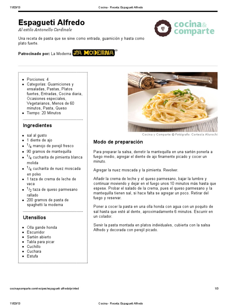 Cocina - Receta - Espagueti Alfredo | PDF | Espaguetis | Crema